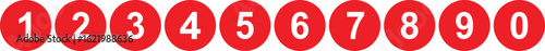 Bold red circle numbers from 1 to 0 with a clean modern style. Ideal for countdowns, infographics, labels, or design elements. High-contrast and easy-to-read format on white background.