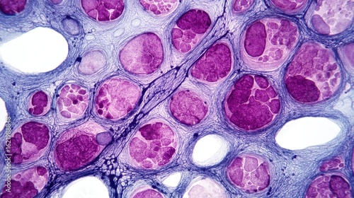 Histological slide with frothy alveolar spaces contrasted by delicate purple overlay representing Pneumocystis jirovecii infection.
