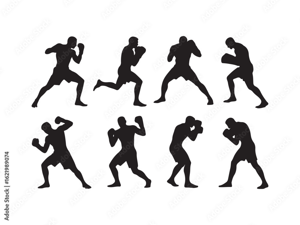 Fototapeta premium Collection of boxer silhouettes in various poses isolated on white background 