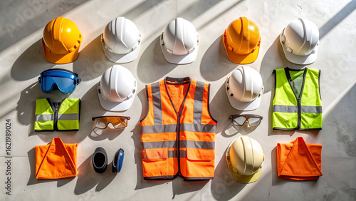 Top view flat lay of essential construction safety equipment, including hard hats and high-visibility vests, arranged neatly.
