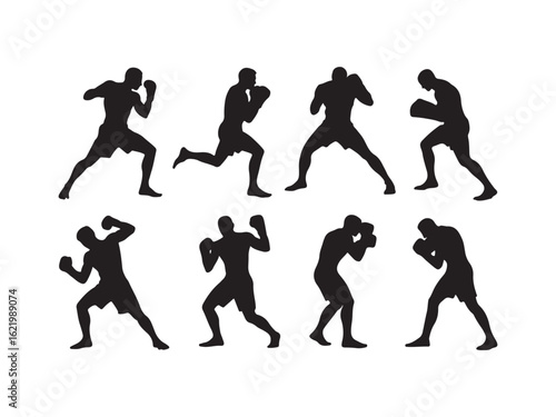 Collection of boxer silhouettes in various poses isolated on white background 