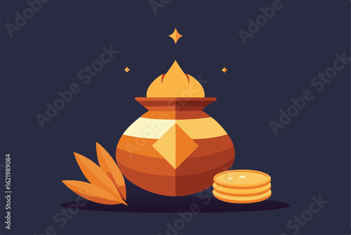 close up of kalash  coconut  and gold coins for di (1).eps