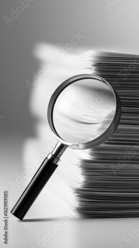 Magnifying Glass Over a Stack of Paper Representing Research, Discovery, and Analysis