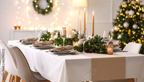クリスマスの雰囲気あふれるダイニングテーブルのエレガントなコーディネート。白いクロスとベージュのランナーにワイングラスとナプキンが整然と並び、常緑樹のガーランドと松ぼっくり、ゴールドのオーナメントに囲まれたキャンドルが柔らかく灯る。背景には輝くクリスマスツリーとリース、イルミネーションが華やかな祝日とホームパーティーの温かい雰囲気を演出するシーン。
