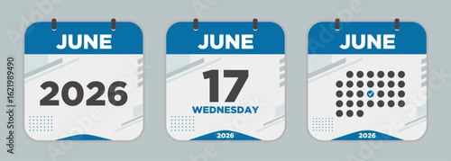 Modern Calendar icon. June. 2026 17 day. The concept of waiting for an important date. Day calendar with date June 17. Cheklist day calendar. Vector illustration