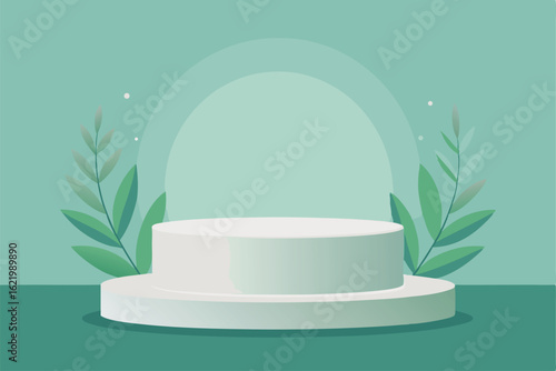 circular podium on a soft sage green background