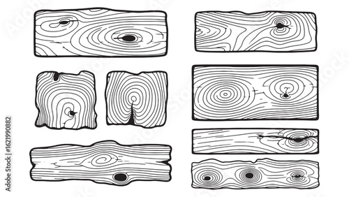 Hand Drawn Wood Planks Vector Set with Knots and Grain Patterns for Rustic Designs and Crafts