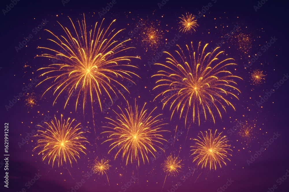 Naklejka premium Spectacular Golden Fireworks Display Celebration Against Deep Purple Night Sky