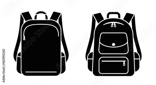 Minimalist Black and White Vector Icon of a Backpack with Front Pocket and Flap Closure – Travel, School, and Utility Bag Silhouette on White Background