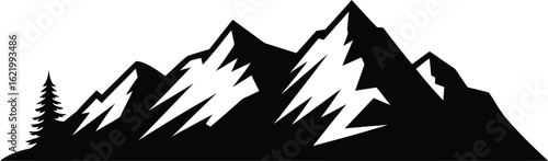 Mountain peaks and evergreen tree summit range