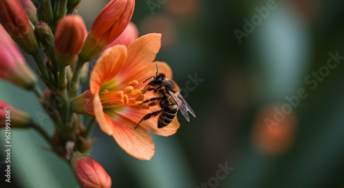 A bee collecting pollen from an orange flower with buds and a blurred green background in a close up shot