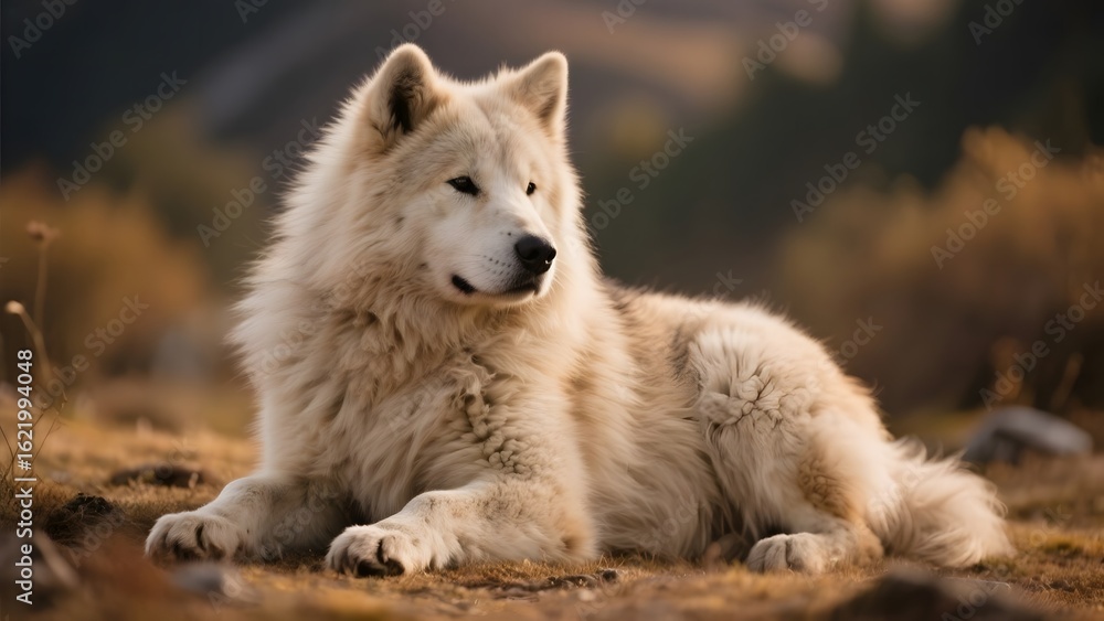 Obraz premium A serene white wolf resting on the ground in a natural setting with blurred autumnal background.