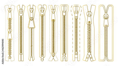 Golden Zipper Collection Outline Style on Transparent Background for Graphic Design Projects