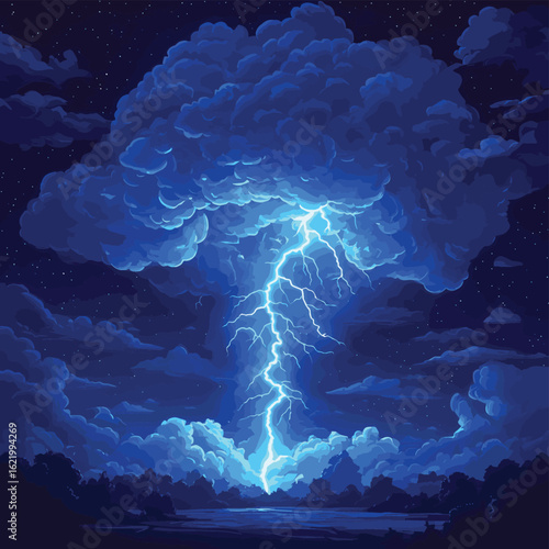 Lightning thunderstorm flash over the night sky. Concept on topic weather, cataclysms (hurricane, Typhoon, tornado, storm), vector style simple color