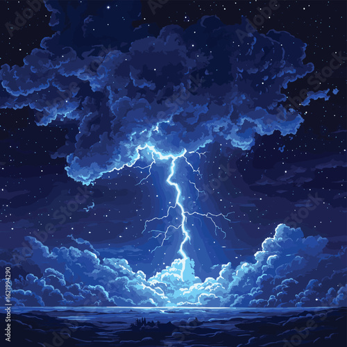 Lightning thunderstorm flash over the night sky. Concept on topic weather, cataclysms (hurricane, Typhoon, tornado, storm), vector style simple color