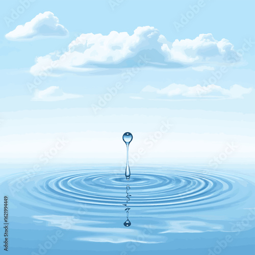 Save Water A single droplet reflects the sky above a still lake. Semi-realistic details highlight the value of every drop, reminding us to save water always