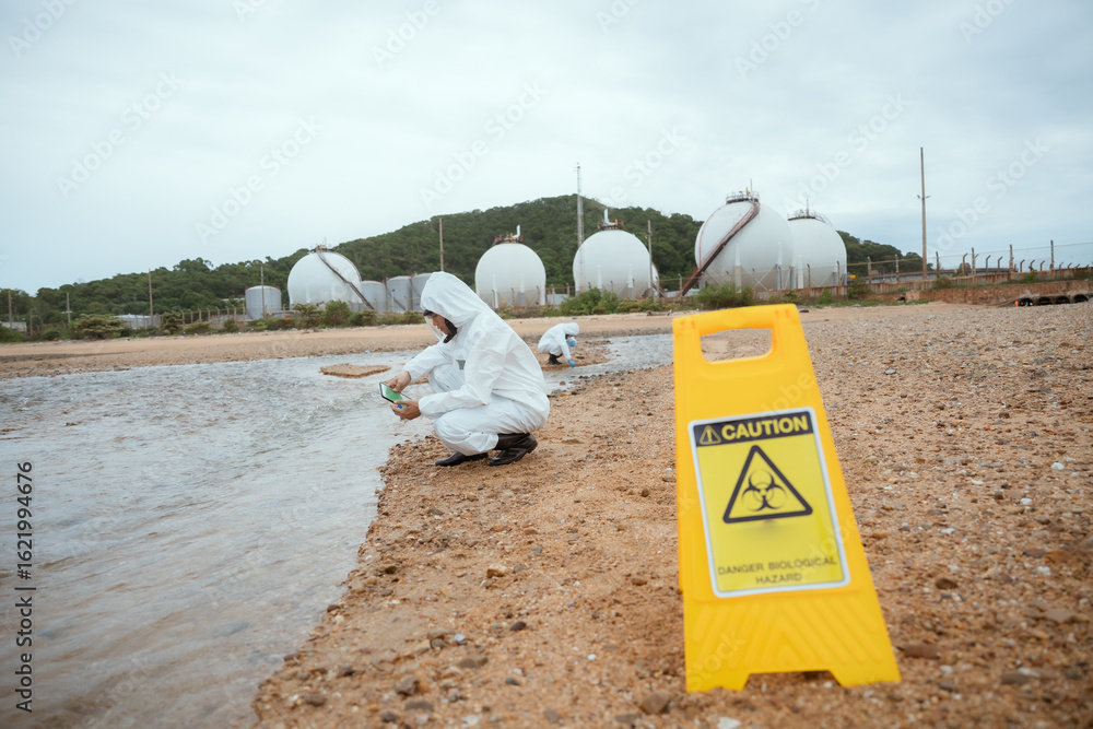 Obraz premium Close up of Warning Biohazard sign at ecological disaster site with people in protective suits, copy space