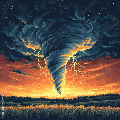 A dramatic storm at sunset producing a powerful tornado twisting through the countryside with sheet lightning. Landscape mixed media illustration