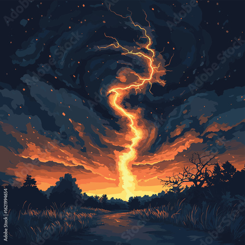 A dramatic storm at sunset producing a powerful tornado twisting through the countryside with sheet lightning. Landscape mixed media illustration