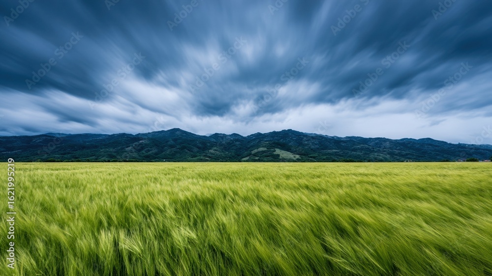 Fototapeta premium Serene meadow used in eco therapy showcases vibrant green grass swaying gently under dramatic sky, creating peaceful atmosphere