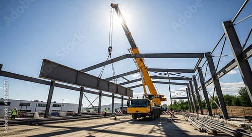 Construction site crane lifting steel beam for new building framework on sunny day