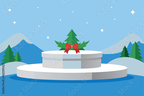 a christmas podium with evergreen accents and silv.eps