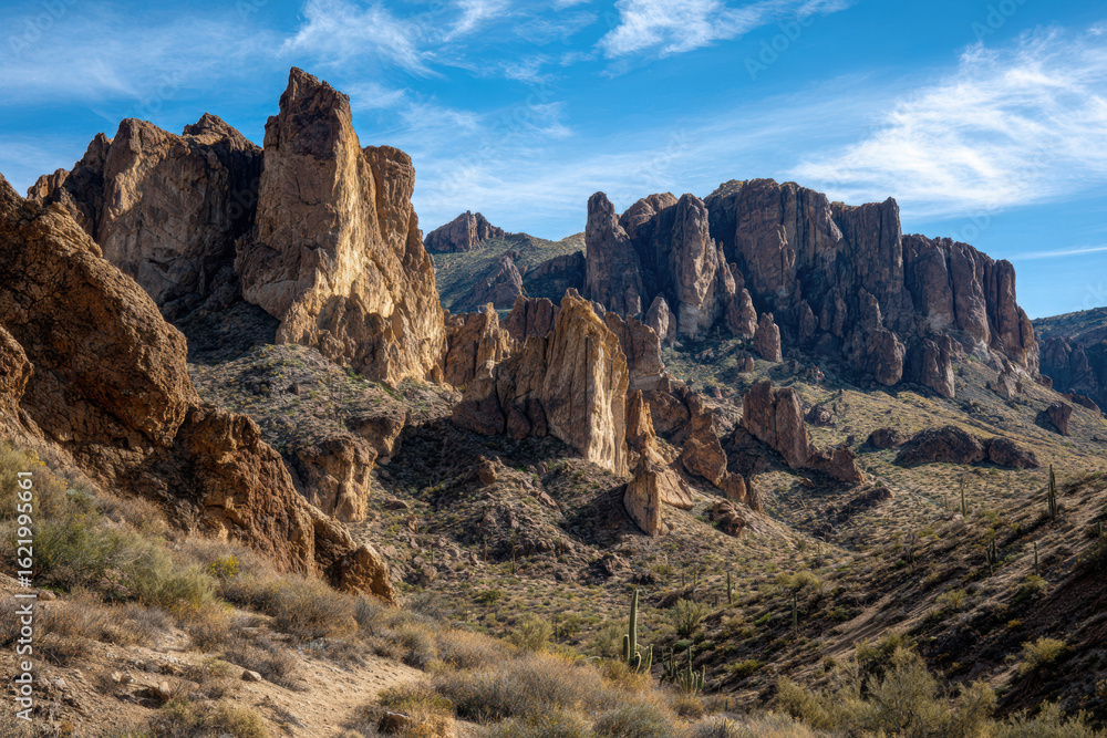 Fototapeta premium Vast desert landscape features dramatic rock formations and cacti