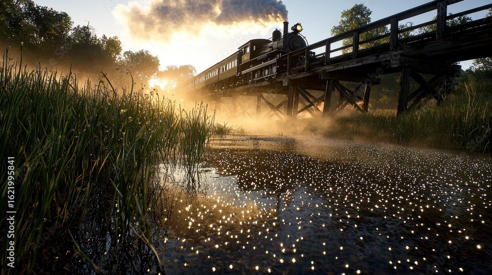 Fototapeta premium Prairie crossing perspective of 1930 s steam engine crossing elevated wooden trestle with golden sunbeams illuminating misty grassland below