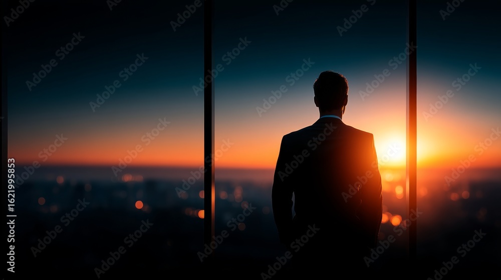 Fototapeta premium A silhouetted man stands before a large window,