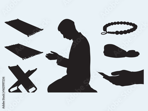 Islamic prayer elements man praying prayer mat Quran stand rosary