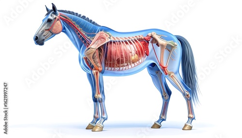 Scientific illustration of a horse's internal anatomy, showcasing the skeletal, muscular, and circulatory systems
