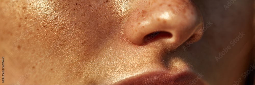 Fototapeta premium Moisturized Skin Glows Softly in Golden Hour Sunlight Highlighting Natural Texture and Beauty