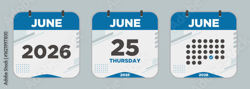 Modern Calendar icon. June. 2026 25 day. The concept of waiting for an important date. Day calendar with date June 25. Cheklist day calendar. Vector illustration