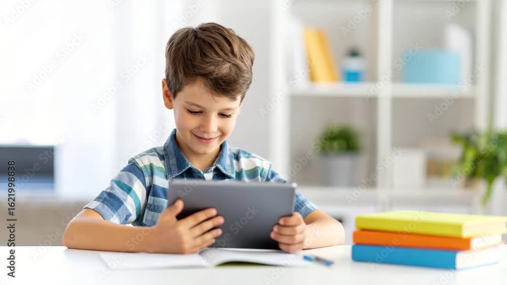 Smiling boy using a digital tablet for online education at his desk. The concept of modern e-learning and technology for children. Smiling boy using a digital tablet for online education at his desk. The concept of modern e-learning and technology for children.