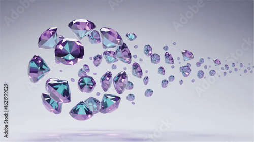 Purple blue faceted gems floating abstract diamonds