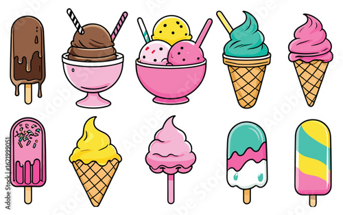 Adorable Ice Cream Illustration with Toppings and Cones for Summer Food Design Fun