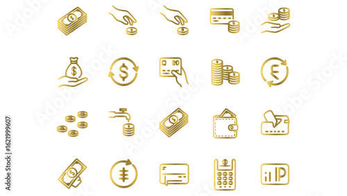 Golden Currency Stack Icon Set Depicting Financial Transactions and Monetary Wealth Growth