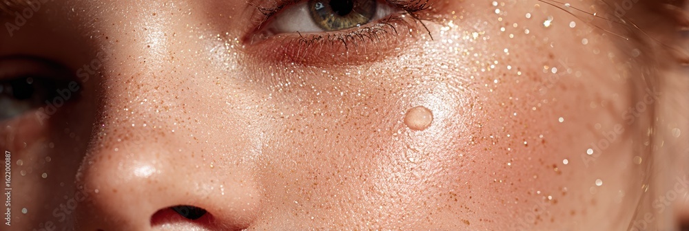 Fototapeta premium Close up of Cheek Showcasing Hydration Serum Droplets and Luminous Skin in a Soft Blurred Background