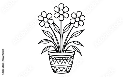 Sunflower Plant in Decorative Pot Line Art for Coloring Pages