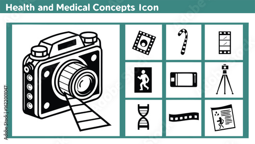 Camera film reel D N A candy cane tripod person vector