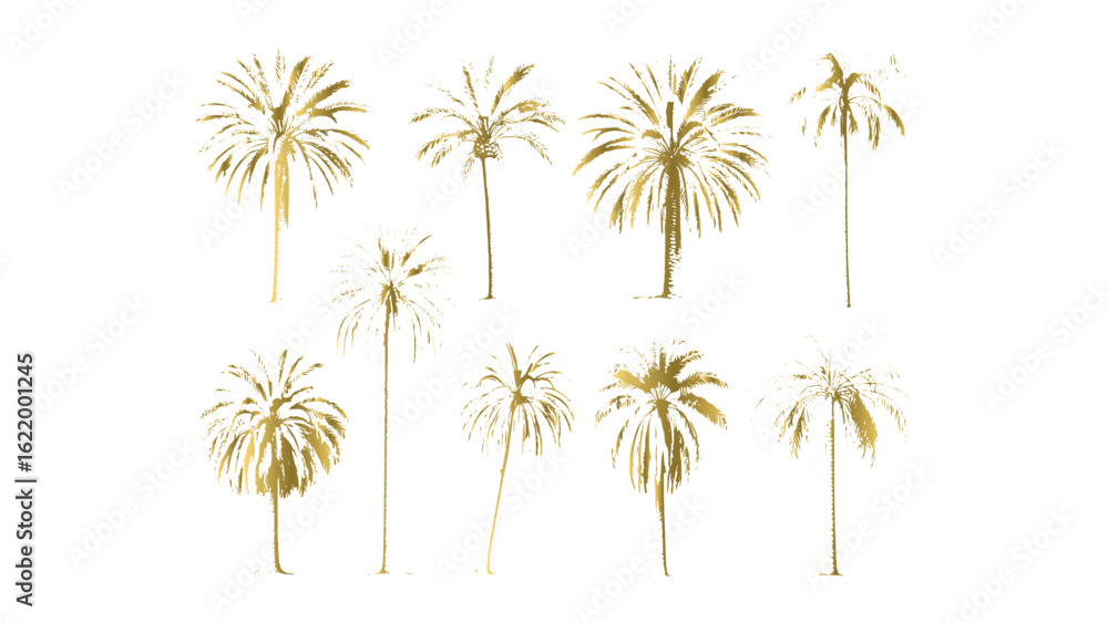 Obraz premium Golden Palm Tree Silhouettes Collection Exotic Tropical Island Vacation Beach Element Set