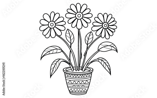 Simple Flower Pot Illustration with Three Daisies Line Art Drawing