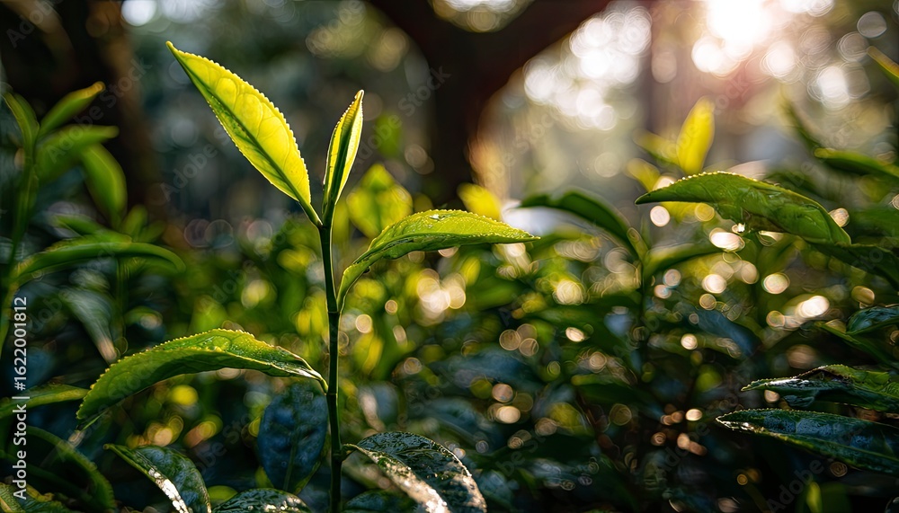 Obraz premium Sunrise illuminates young tea leaves in a lush plantation