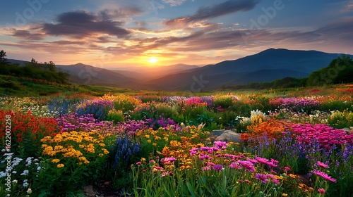Colorful flower garden with golden sun sinking behind hills