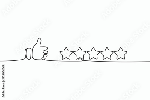 Continuous line drawing of a thumbs up and five stars isolated on white background