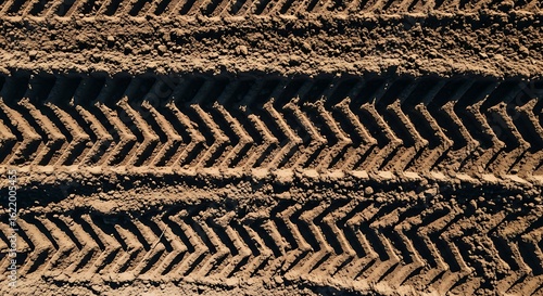 Aerial view of deep tire tracks in the muddy agricultural field soil texture pattern