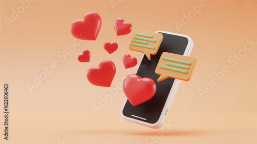 Red hearts floating near smartphone with chat bubbles love communication