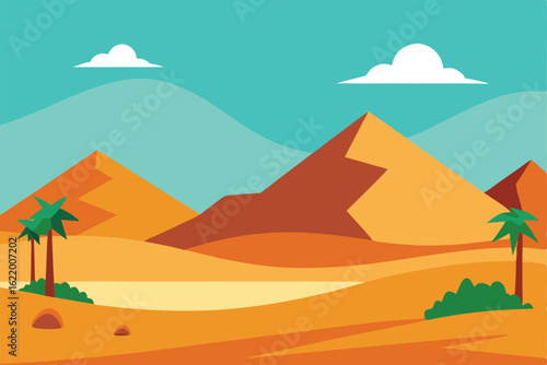 desert landscape with mountains and oasis 