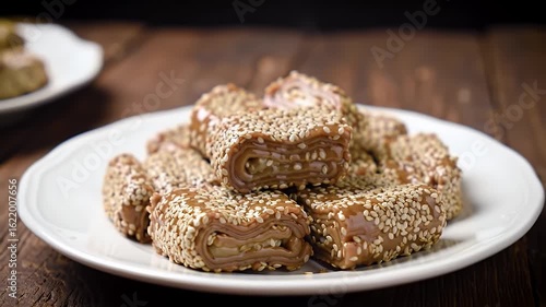 Delicious Tilgul Rolls Topped with White Sesame Seeds on a White Plate Set Against a Rich Brown Wooden Table Top Ideal for Festive Promotions and Celebrating Makar Sankranti