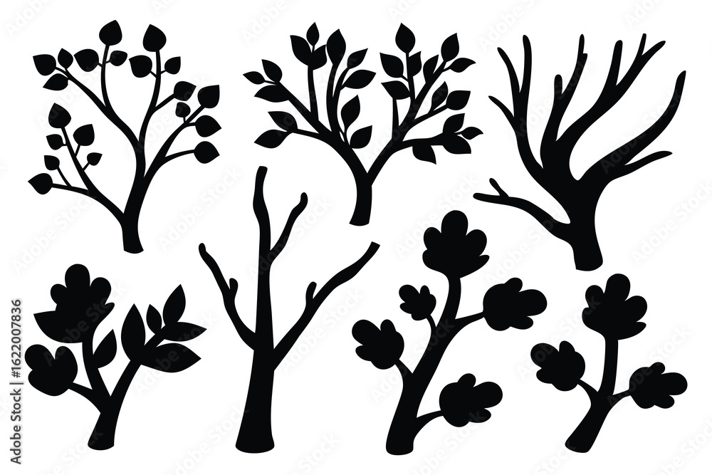 Obraz premium Branches silhouettes set isolated flat vector illustration on white background